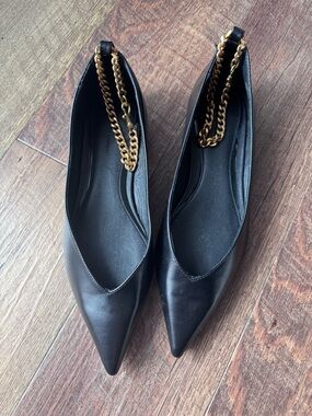 Rebecca Minkoff Black Pointed Toe Flats with Gold Chain